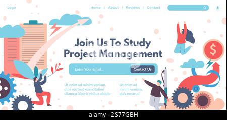 Studieren Sie das Projektmanagement, kontaktieren Sie uns für weitere Informationen. Online-Kurse und -Schulungen, Schulung und Zertifizierung für Mitarbeiter, Entwicklung. Website-Landing-Page, Internet-Site, Vektor im flachen Stil. Besuchen Sie uns, um Projektmanagement zu studieren, kontaktieren Sie uns Stock Vektor