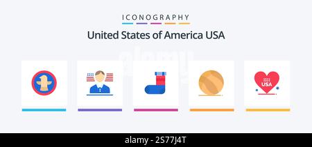 USA Flat 5 Icon Pack einschließlich american. Das Herz. weihnachten. usa. Kugel. Kreatives Symboldesign Stock Vektor