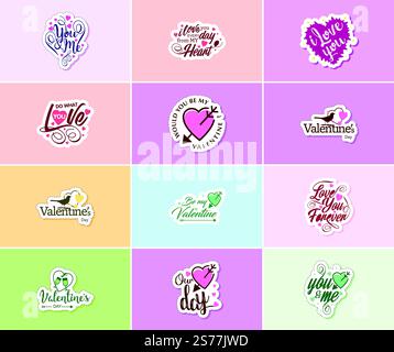 Herzerwärmende Aufkleber für den Valentinstag mit Typografie und Grafiken Stock Vektor