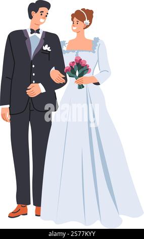Hochzeitszeremonie von Mann und Frau, die zur insel gehen. Isolierte Braut und Bräutigam, die sich anschauen. Ein besonderer Tag und Anlass, ein Mädchen im Kleid, das einen Blumenstrauß in den Händen hält. Vektor in abgewickelter Form. Ein Paar beginnt das Familienleben, die Hochzeitszeremonie Stock Vektor