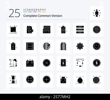 Vollständiges Common Version 25 Solid Glyph Symbolpaket einschließlich Energie. Batterie. Trinken Sie. Einkaufen. Soll Stock Vektor