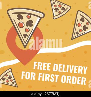Pizzeria-Angebote für Kunden, kostenlose Lieferung für Pizzabestellungen. Werbebanner und Rabatte auf leckere Gerichte zum Frühstück oder Mittag-, Abendessen oder Abendessen. Authentische italienische Rezepte. Vektor in abgewickelter Form. Kostenlose Lieferung für erste Pizzabestellung, Werbebanner Stock Vektor