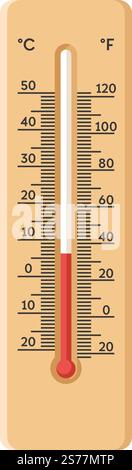 Thermometer zur Messung und Anzeige der Temperatur. Isoliertes Retro-Gerät mit Klebeband, das in celsius und Fahrenheit angezeigt wird. Werkzeug zur Klimaregelung und -Messung. Vektor in abgewickelter Form. Temperaturanzeige mit Thermometerwerkzeugen Stock Vektor