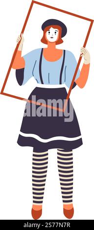 Darsteller oder Künstler, isolierte Mimienfrau, die Performance zeigt. Mädchen, das einen Rahmen in den Händen hält, pantomimistische Frau mit Make-up, stummes Mädchen, das sich lustig macht. Zeichentrickfigur, Vektor in flachem Stil. MIME-Frau mit Rahmen, Darsteller oder Künstlervektor Stock Vektor