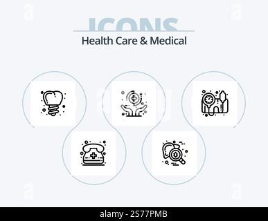 Health Care And Medical Line Icon Pack 5 Icon Design. Zahn. Zahnärztlich. Augentest. Sauber. Zahnbürste Stock Vektor