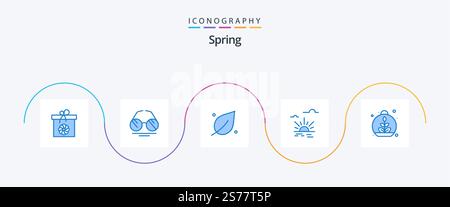 Frühlingsblau 5 Icon Pack mit Blatt. Frühling. Ökologie. Licht. Sonne Stock Vektor