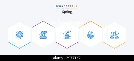 Frühling 25 Blaues Icon Pack mit Regenbogen. Frühling. Blatt. Haus. Ein Tier Stock Vektor