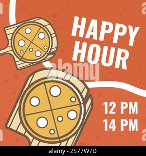 Pizzeria oder Shop mit Happy Hour für Gäste. Bäckerei mit italienischen Pizzarezepten und Gerichten, leckere Mahlzeiten für Gäste. Rabatte von 12 bis 14 Uhr. Werbebanner. Vektor in abgewickelter Form. Happy Hour in der Pizzeria, Pizzaback bietet Banner Stock Vektor