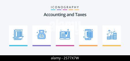 Tax Blue 5 Icon Pack inklusive Analysen. Stempel. Steuer. Bezahlung. Archivieren. Kreatives Symboldesign Stock Vektor