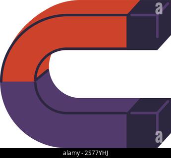 Ein Stück Eisen mit Magnetismus, isoliertes Symbol eines Magneten mit Seiten. Schulbedarf und Bildung, Durchführung und Durchführung von Experimenten im Unterricht und Unterricht. Vektor in abgewickelter Form. Magnet mit Seiten, ein Stück eiserner Schulbedarf Stock Vektor