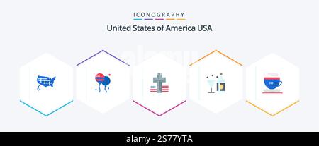 USA 25 Flat Icon Pack inklusive Becher. Glas. amerikaner. Flasche. Wein Stock Vektor