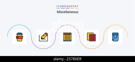 Sonstiges Line Filled Flat 5 Symbolpaket Mit . Handtasche. Studium. Tasche. Test Stock Vektor