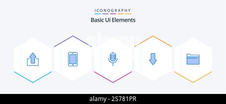 Grundlegende UI-Elemente 25 Blaues Symbolpaket einschließlich Datei. Herunterladen. Mikrofon. Nach unten. Pfeil Stock Vektor