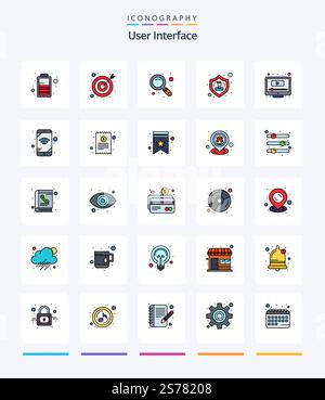Kreative Benutzeroberfläche – Symbolpaket mit 25 Zeilen, z. B. für Mobilgeräte. Bildschirm. zoomen. Spielen. Benutzer Stock Vektor
