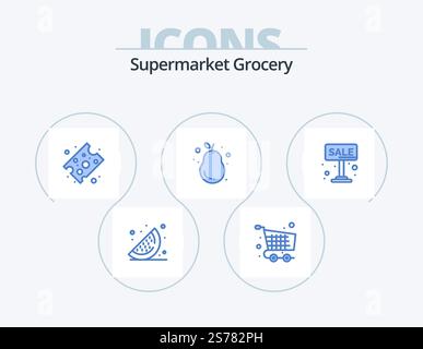 Supermarkt Blue Icon Pack 5 Icon Design. Werbung. Frisch. Käse. Birne. Obst Stock Vektor