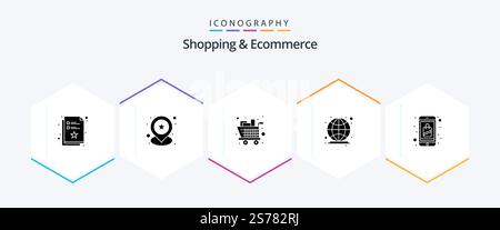 Shopping und E-Commerce 25-Glyph-Symbolpaket einschließlich online. Verbindung. Lebensmittel. internet. Global Stock Vektor
