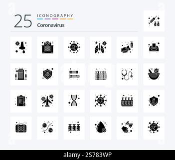 Coronavirus 25 Solid Glyph Icon Pack mit Alkohol. Virus. Krankenpflege. Infiziert. Virus Stock Vektor