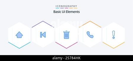 Grundlegende UI-Elemente 25 Blaues Symbolpaket einschließlich Warnung. Telefon. Korb. Mobil. Müll Stock Vektor