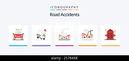Autounfälle Flat 5 Icon Pack inklusive Feuerwehr. feuerwehrmann. Auto. LKW. Auto. Kreatives Symboldesign Stock Vektor