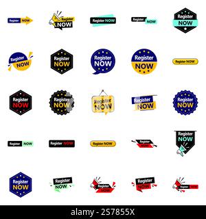 Registrieren Sie sich jetzt für 25 hochwertige typografische Elemente, um Anmeldungen zu fördern Stock Vektor