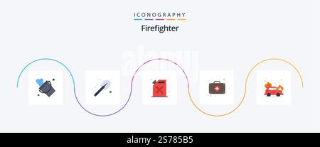 Firefighter Flat 5 Icon Pack Mit . feuerwehrmann. Zuckerrohr. Feuer! Doktor Stock Vektor