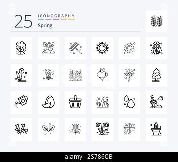 Frühling 25 Line Icon Pack inklusive Wetter. Sonne. Rechen. Frühling. Helligkeit Stock Vektor