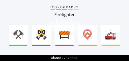 Firefighter Flat 5 Icon Pack mit Hilfe. Notfall. Blockieren. Alarm. Standort. Kreatives Symboldesign Stock Vektor