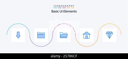 Grundlegende UI-Elemente Blau 5 Icon Pack inklusive Jewel. shope. Ordner. Haus. Gebäude Stock Vektor