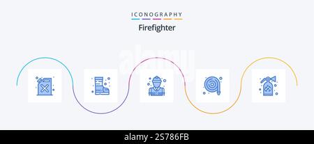 Firefighter Blue 5 Icon Pack Mit . Feuer! feuerwehrmann. Feuerlöscher. Wasser Stock Vektor