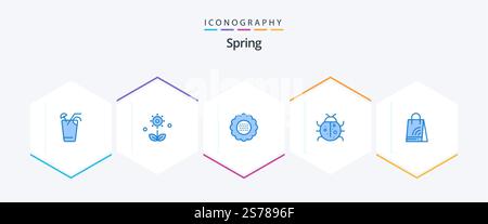 Frühling 25 Blue Icon Pack inklusive Shopping. Handtasche. Frühling. Tasche. Die Natur Stock Vektor