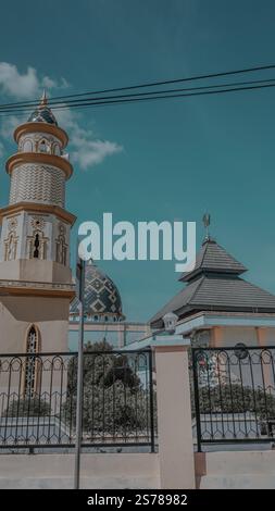 Eine Moschee mit einem hohen Minarett und einer Kuppel, vor einem klaren blauen Himmel. Die Architektur zeichnet sich durch komplexe Entwürfe und einen umzäunten Umkreis aus. Stromleitungen Stockfoto