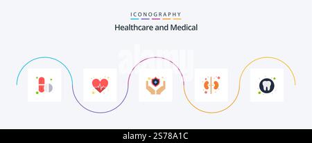 Medical Flat 5 Icon Pack inklusive Zahn. Gesundheit. Medizinisch. Zahnärztlich. Niere Stock Vektor