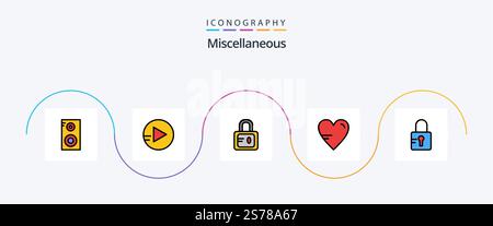 Sonstiges Line Filled Flat 5 Symbolpaket Mit . Das Herz. Schule. Verriegeln Stock Vektor