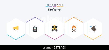 Firefighter 25 Flat Icon-Paket inklusive Feuerwehr. Eimer. Feuer! Feuerstelle. Camping Stock Vektor