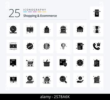 Shopping & E-Commerce 25 Solid Glyph Icon Pack inklusive Geld. Zeit. Tasche. Stunde. Verkauf Stock Vektor