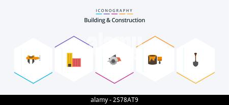 Building and Construction 25 Flat Icon-Paket mit Duschkabine. Malen. Säge. Eimer. Reparieren Stock Vektor