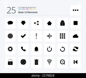 Grundlegende UI-Elemente 25 Solid Glyph-Symbolpaket einschließlich Anmeldung. Sicherheit. Teilen. Verriegeln. Nach oben Stock Vektor