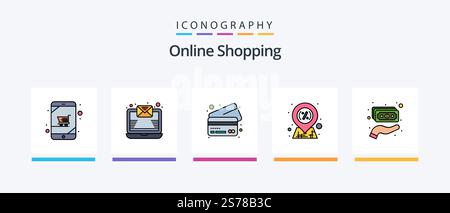 Online-Shopping-Line mit 5 Symbolpaket einschließlich Warenkorb. unterschreiben Sie. Kredit. Verkauf. Online-Shop. Kreatives Symboldesign Stock Vektor