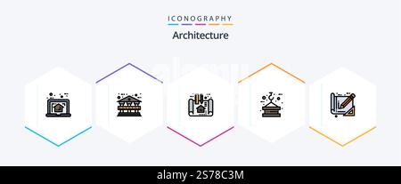 Architecture 25 FilledLine Symbolpaket mit Tools. Ein Seil. Wohnung. Anheben. Kran Stock Vektor