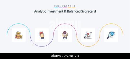 Analytische Investition und Balanced Scorecard Line Filled Flat 5 Symbolpaket einschließlich Geschäft. Analyse. Ein. Einkommen. Stapel Stock Vektor