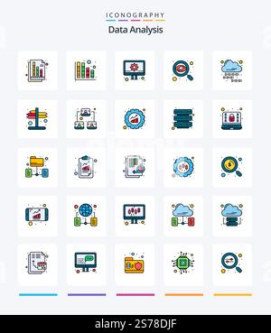 Creative Data Analysis – Symbolpaket mit 25 Zeilen, z. B. Cloud-Codierung. Bericht. Entwickeln. Überwachung. Geschäftlich Stock Vektor