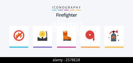 Firefighter Flat 5 Icon Pack Mit . Feuer! Feuer! Feuerlöscher. Wasser. Kreatives Symboldesign Stock Vektor