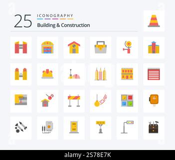 Building and Construction 25 – flaches Symbolpaket mit Bauteilen. Stadt. Baugewerbe. Gebäude. Schleifer Stock Vektor