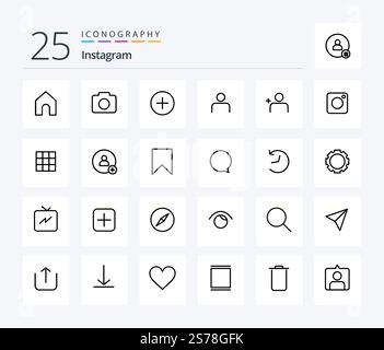 Instagram 25 Line Icon Pack mit Kamera. instagram. Kontakt. Menschen entdecken. Sets Stock Vektor