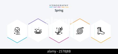 Spring 25 Line Symbolpaket mit Wasser. Durchfluss. Frühling. Gekrümmt. Die Natur Stock Vektor