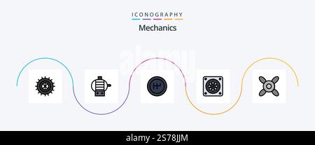 Mechanics Line Filled Flat 5 Symbolpaket Mit . Ventilator. Stock Vektor