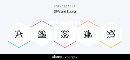 Sauna 25 Line Icon-Paket inklusive . . Blume. rx. Mörtel Stock Vektor