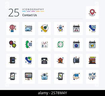 Kontaktieren Sie uns 25 Reihe ausgefülltes Symbolpaket einschließlich Chat. Rakete. Ruf an. Umschlag. Empfangen Stock Vektor