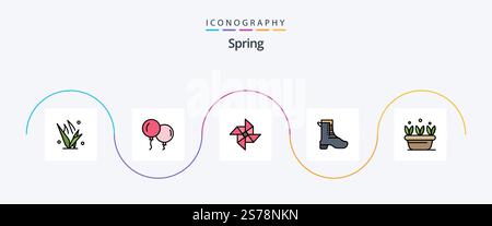 Spring Line Filled Flat 5 Symbolpaket mit Feder. Blatt. Wind. Wachstum. Schuh Stock Vektor