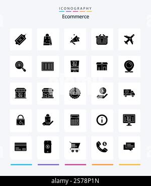 Creative E-Commerce 25 Glyph Solid Black Icon Pack wie Flugzeug. e-commerce. Lautsprecher. Einkaufen. Gerätewagen Stock Vektor
